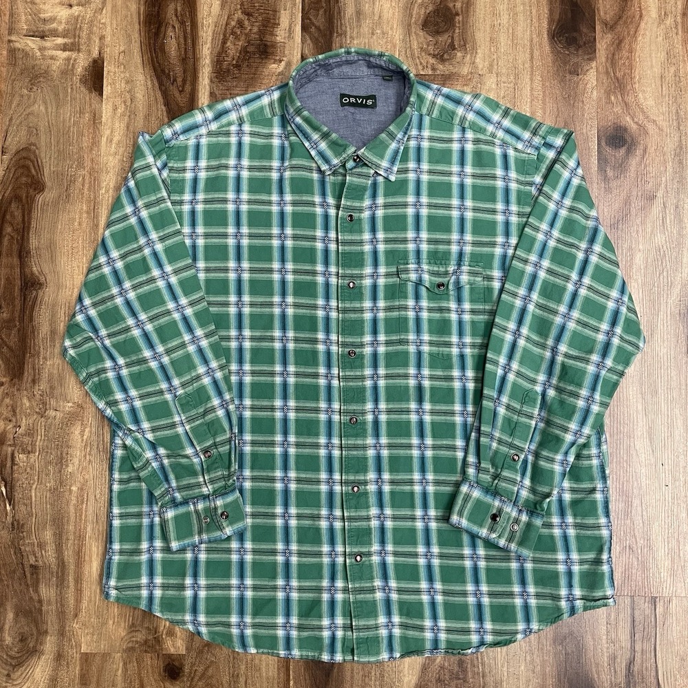 Orvis Western Fishing Shirt Mens XXL Green Blue Plaid Pearl Snap Hiking
